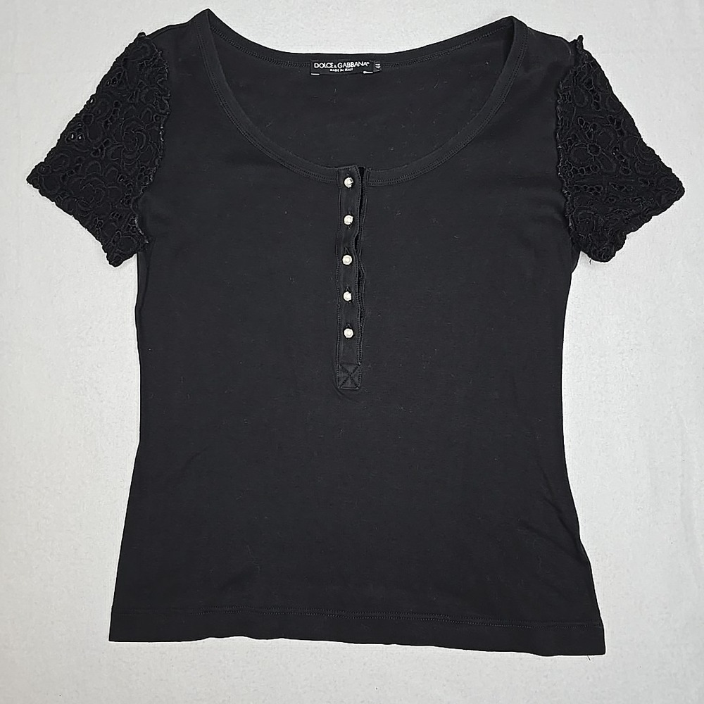 Dolce & Gabbana Women Black Shirt Size 44 Pearl Button Closure Lace Sleeve  US 8 - Picture 3 of 12